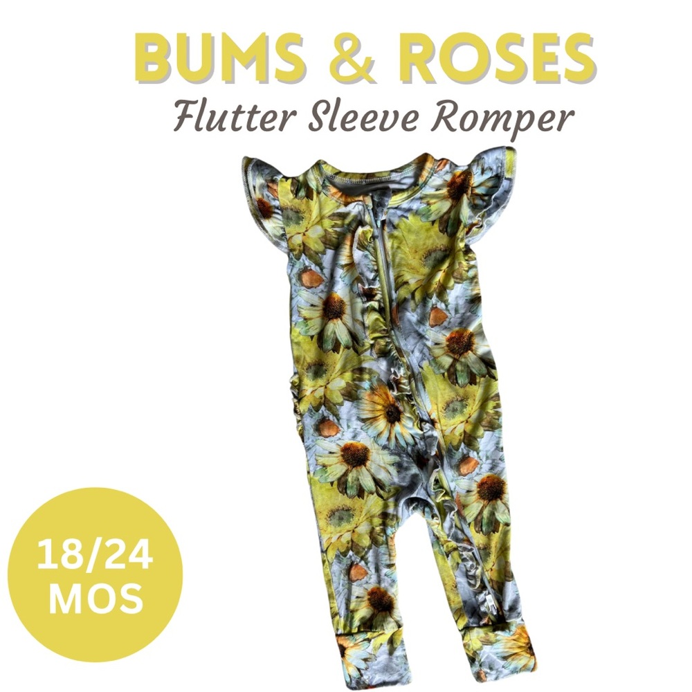 Bums & Roses Shortsleeved Bamboo Romper 6/9 months. VGUC. Ruffle butt